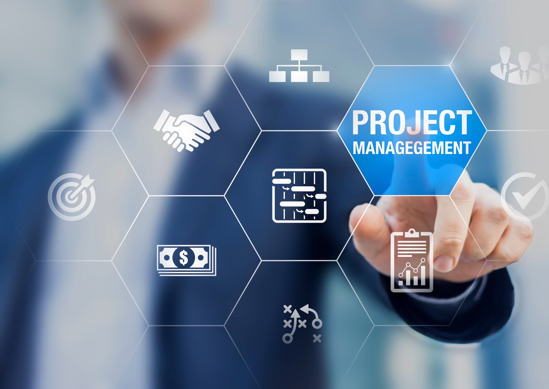 Project management with icons about planning tasks and milestones on schedule, cost management, monitoring of progress, resource, risk, deliverables and contract, business concept